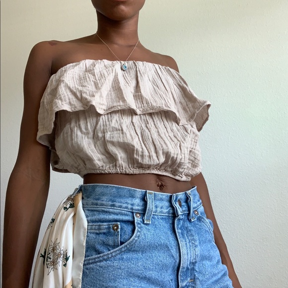 Linen Blend Ruffle Tube Top - Picture 2 of 3